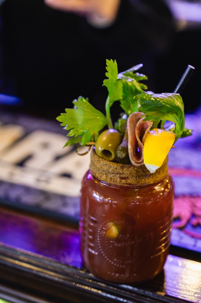 Garnished Bloody Mary in a mason jar at The Locker Room