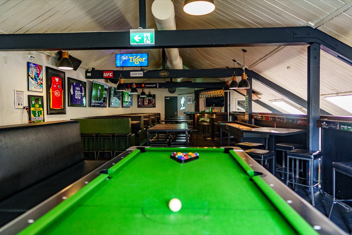 Pool table and TVs in the upstairs space at The Locker Room