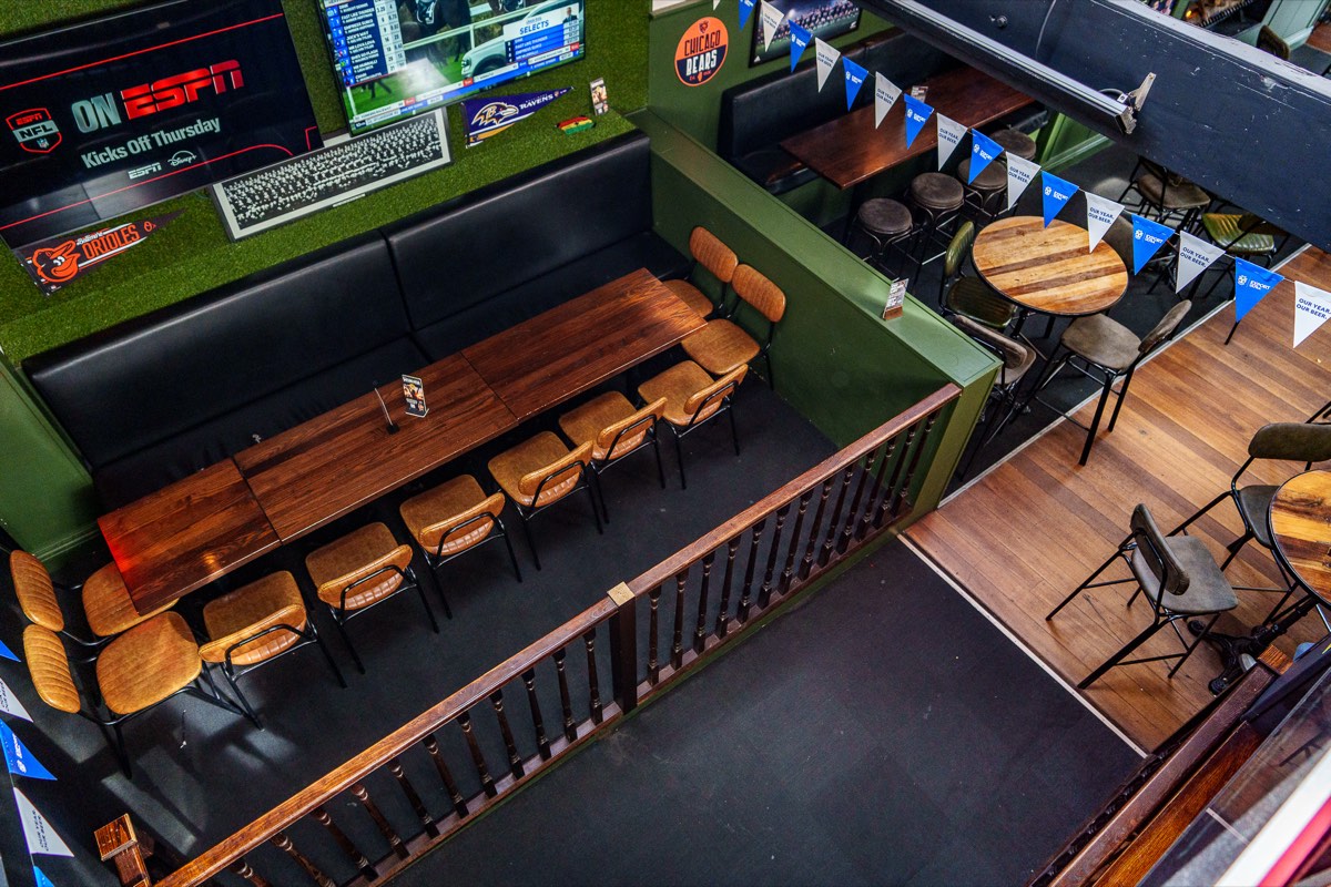 Overhead view of the upstairs function space at The Locker Room